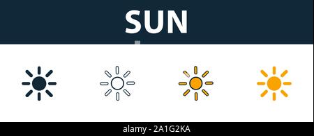 Sun Icon Set. Vier einfache Symbole in verschiedenen Stilen aus dem Weltraum icons Collection. Kreative sun Icons, Outline, Farben und Symbole Stock Vektor
