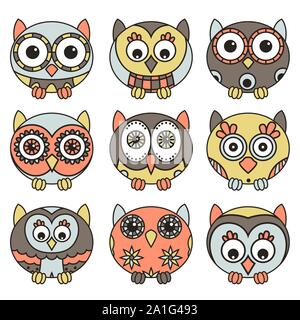 Satz von neun lustige Eulen in ovale Formen gelegt und isoliert auf dem weißen Hintergrund, cartoon Vector Illustration als Symbole Stock Vektor