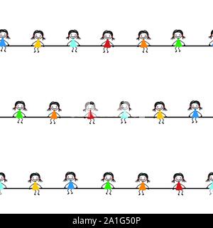 Kinder Streifen nahtlose, sich wiederholendes Muster. Horizontale Linien Kinder Hintergrund. Hand Doodle design Mädchen sitzt auf einem Seil gezogen. Süße hand Kinder gezeichnet Stock Vektor