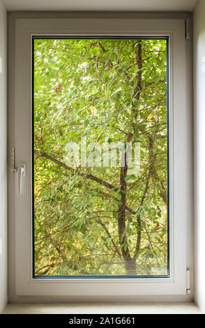 Pvc-Fenster, das Sie grün von einem Baum Park in der ökologisch sauberen Gegend der Stadt sehen können mit frischer Luft Stockfoto