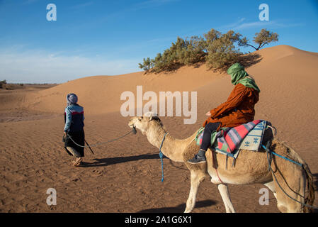 Gruppe von Touristen auf dem Kamel Safari in der Wüste von Marokko Stockfoto