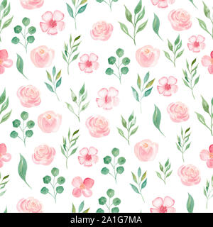 Sommer blühenden Blumen und Blätter nahtlose Aquarell raster Muster. Orchideen und Pfingstrose Blütenblätter dekorativen Hintergrund. Blühende saisonalen Pflanzen wrappi Stockfoto