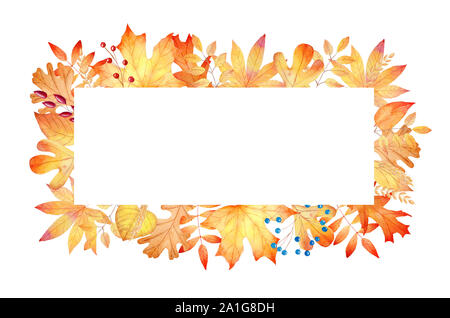 Herbst Wald flora Hand gezeichnet Raster frame Vorlage. Ahorn, Eiche Blatt, saisonalen Beeren geformt Grenze mit Copyspace. Ernte fest Grußkarte Dekor Stockfoto