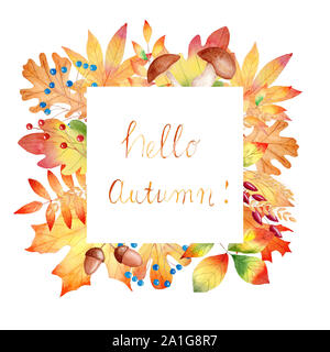 Hallo Herbst festival Hand gezeichnet Raster frame Vorlage. Pilze, goldenes Laub, Acorn quadratisch Grenze mit Copyspace. Saisonale fest Gruß c Stockfoto