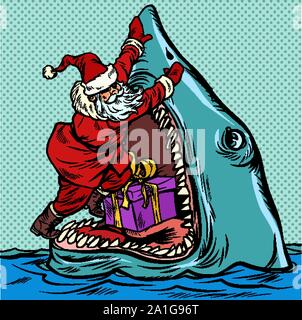 Santa Claus schiebt Weihnachtsgeschenk in Shark Mund. Pop Art retro Vektor illustration Kitsch vintage Zeichnung Stock Vektor