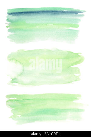 Aquarell Pinselstriche, abstrakte Hand gezeichnet Raster Illustrationen. Grün handgemalte Kunstwerke. Schlieren, Flecken Textur auf weißem Hintergrund. Saga 27 AC Stockfoto