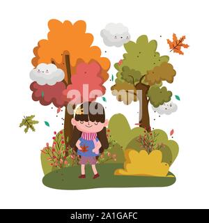 Nettes mädchen mit schal Blätter cloud Bäume hallo Herbst design Vector Illustration Stock Vektor