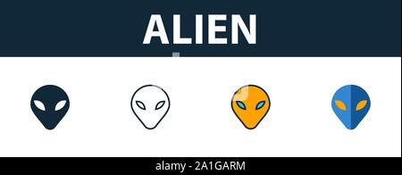 Alien Symbol gesetzt. Vier einfache Symbole in verschiedenen Stilen aus dem Weltraum icons Collection. Creative alien Icons, Outline, Farben und Symbole Stock Vektor