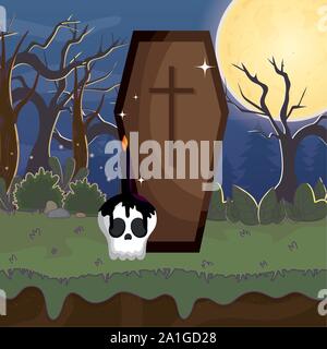 Sarg und Totenkopf Kerze nacht Trick oder Festlichkeit - happy halloween Vector Illustration Stock Vektor