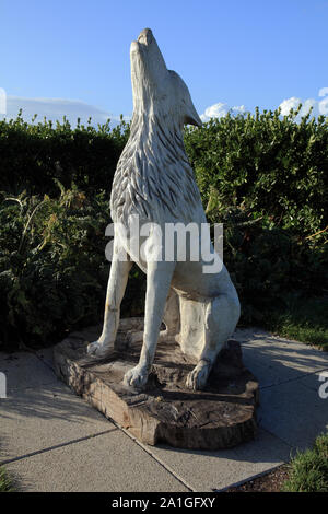 Wolf, geschnitzt, Holz-, Holz-, Skulptur, St. Edmund Legende, Hunstanton, Norfolk, England, Großbritannien Stockfoto