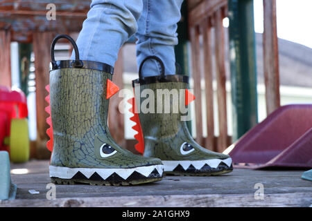 Kind trägt Dinosaurier-Regenstiefel Stockfoto