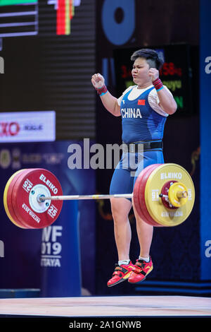 Pattaya, Thailand. 26 Sep, 2019. Wang Zhouyu von China feiert während der Frauen gewichtheben 87 kg bei den Weltmeisterschaften im Gewichtheben 2019 Pattaya, Thailand, Sept. 26, 2019 statt. Credit: Zhang Keren/Xinhua/Alamy leben Nachrichten Stockfoto