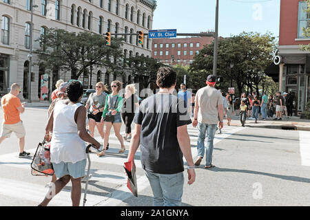 Der Warehouse District in Cleveland, Ohio, USA streetscape. Stockfoto