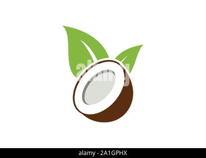 Kokosöl Logo. Natur Artikel Kokosöl Emblem. Reif Coco und halben Kokosnuss und Blätter mit Buchstaben. Gravur Stil. Coco frische Kokosnuss Wasser Stock Vektor