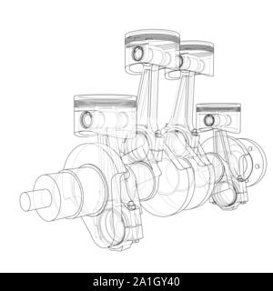 Motor Kolben skizzieren. Vektor Rendering von 3d. Wire-frame Stil. Die Schichten des sichtbaren und unsichtbaren Linien getrennt sind Stock Vektor