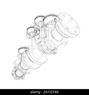 Motor Kolben skizzieren. Vektor Rendering von 3d. Wire-frame Stil. Die Schichten des sichtbaren und unsichtbaren Linien getrennt sind Stock Vektor