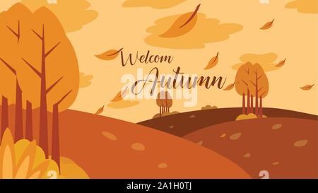 Park Abbildung mit fallenden Blätter im Herbst in flachen Design Stil Stock Vektor