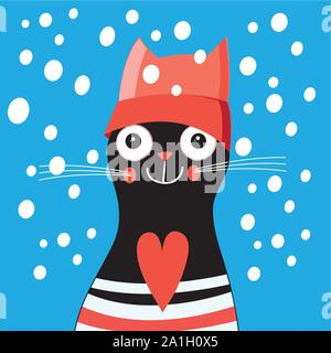 Vector Illustration eines fröhlichen Lächeln neues Jahr Katze auf einem blauen Hintergrund mit Schnee Stock Vektor