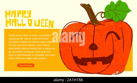 Happy Halloween lächelnden Kürbis für Halloween Webseite standard Größe 16:9 Bildschirm Vintage Style Cartoon Illustration Stock Vektor