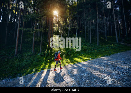 Touristische in orangefarbenen T-Shirt und Rucksack wandern in den Wald bei Sonnenaufgang. Outdoor Travel Concept Stockfoto