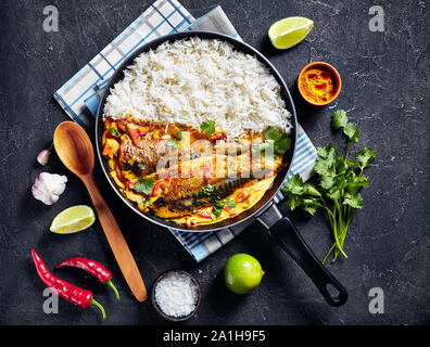 Fisch gelb Curry, Panang Curry mit gegrillten Saba Makrele Fisch mit gedämpftem Langkornreis in einer Pfanne auf einer konkreten Tabelle, Ansicht von Abo Stockfoto