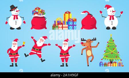Santa Claus, Geschenkbeutel mit Geschenken, Schneemann, Weihnachtsbaum, Rentier set Flat Style Charakter Vector Illustration. Heiligabend Maskottchen und Symbol Stock Vektor