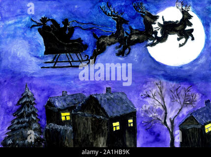 Winter in der Heiligen Nacht mit Silhouette von Flying Santa in Aquarell. Stockfoto