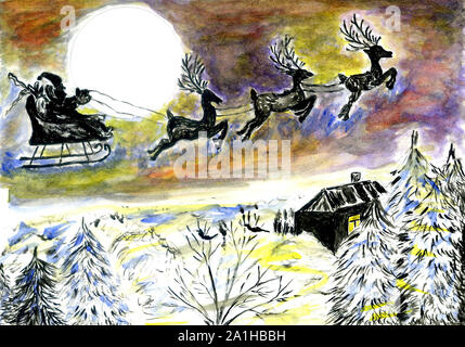 Winter in der Heiligen Nacht mit Silhouette von Flying Santa in Aquarell. Stockfoto