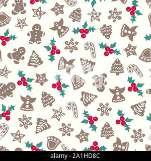 Weihnachten Lebkuchen cookies nahtlose Muster. Urlaub vector Hintergrund Baum, Glocke, Engel, Zuckerstange, Schneeflocke. Weihnachten sich wiederholende Textur für Stock Vektor