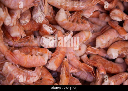 Organisch gewachsen Garnelen in Eis gekühlt, Ansicht von oben. Zusammenfassung Hintergrund und Textur. Stockfoto