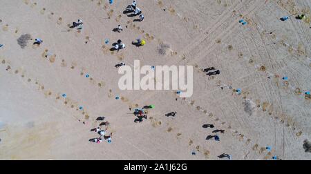 (190927)-BEIJING, Sept. 27, 2019 (Xinhua) - Datei Foto am 22 April, 2019 zeigt Ant Wald Benutzer die Anpflanzung von Bäumen in Dunhuang, im Nordwesten der chinesischen Provinz Gansu. (Ant Wald/Handout über Xinhua) Stockfoto