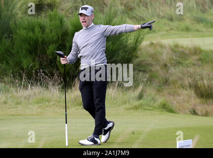 Ronan Keating auf der 5-T-Stück am Tag zwei der Alfred Dunhill Links Championship bei Kingsbarns Golf Links. Stockfoto