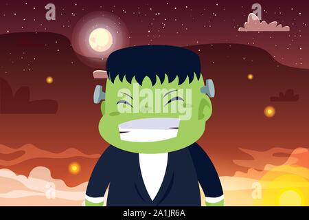 Junge verkleidet von Frankenstein in Szene von Halloween Vector Illustration Design Stock Vektor