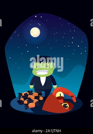 Junge verkleidet von Frankenstein in Szene von Halloween Vector Illustration Design Stock Vektor