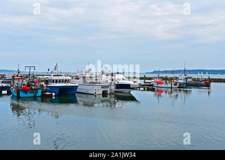 Ein Sortiment von Vergnügen Entwurf & Angeln Boote in die Sicherheit der Poole Quay Yacht Haven im Hafen. Stockfoto