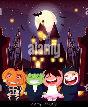 Süße Kinder in Szene von Halloween Vector Illustration Design der Verkleidung Stock Vektor