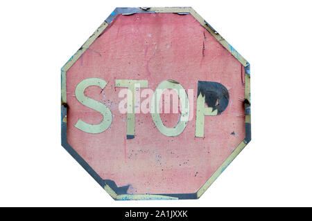 Die Alte handgemachte Road Sign top' isoliert auf Weiss. Stockfoto