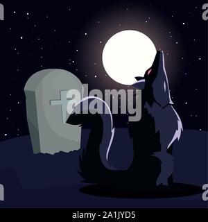 Wütend Wolf im Friedhof Szene Vector Illustration Design heulen Stock Vektor