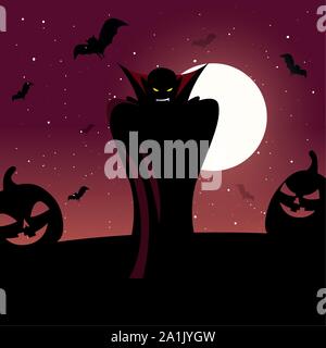 Mann verkleidet der Vampir in Szene von Halloween Vector Illustration Design Stock Vektor