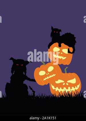 Hand gezeichnet Halloween Abbildung von zwei Spooky wilde Katzen Silhouette und Haufen von Kürbisse auf Gras über lila Hintergrund Stock Vektor