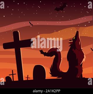 Wütend Wolf im Friedhof Szene Vector Illustration Design heulen Stock Vektor