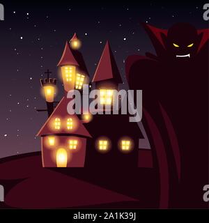 Mann verkleidet der Vampir in Szene von Halloween Vector Illustration Design Stock Vektor