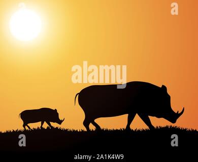 Wildschweine Familie Silhouette bei Sonnenuntergang Vector Illustration Stock Vektor