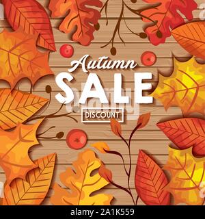 Herbst Sale im Hintergrund Holz mit Blätter treibt. Stock Vektor