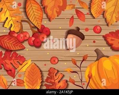 Blätter Herbst im Hintergrund Holz mit Muttern Früchte Stock Vektor