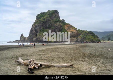 Iconic Lion Rock teilt North und South Piha Strände, Piha, Neuseeland. Stockfoto