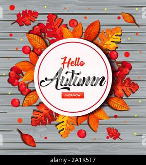 Hallo Herbst im Hintergrund mit Rahmen aus Holz und Blätter Stock Vektor