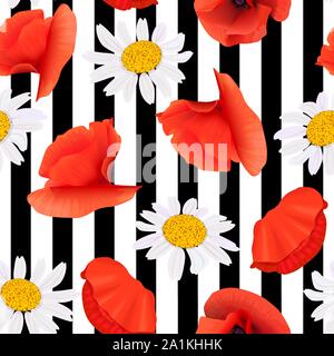 Mohn und Kamille Blumen nahtlose Muster auf gestreiften schwarzen und weißen Hintergrund. Vector Illustration. Papaveroideae. Karten Einladung Dekoration Stock Vektor