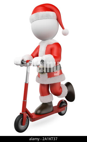 3d-weißen Abbildung. Santa Claus reiten auf einem Vermietung scooter. Isoliert weißer Hintergrund. Stockfoto