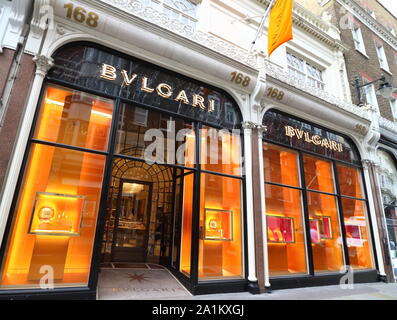 September 26, 2019, London, Vereinigtes Königreich: Bulgari Store in den Luxus, Mode und Schmuck Shopping Bereich auf dem Londoner New Bond Street. (Bild: © Keith Mayhew/SOPA Bilder über ZUMA Draht) Stockfoto